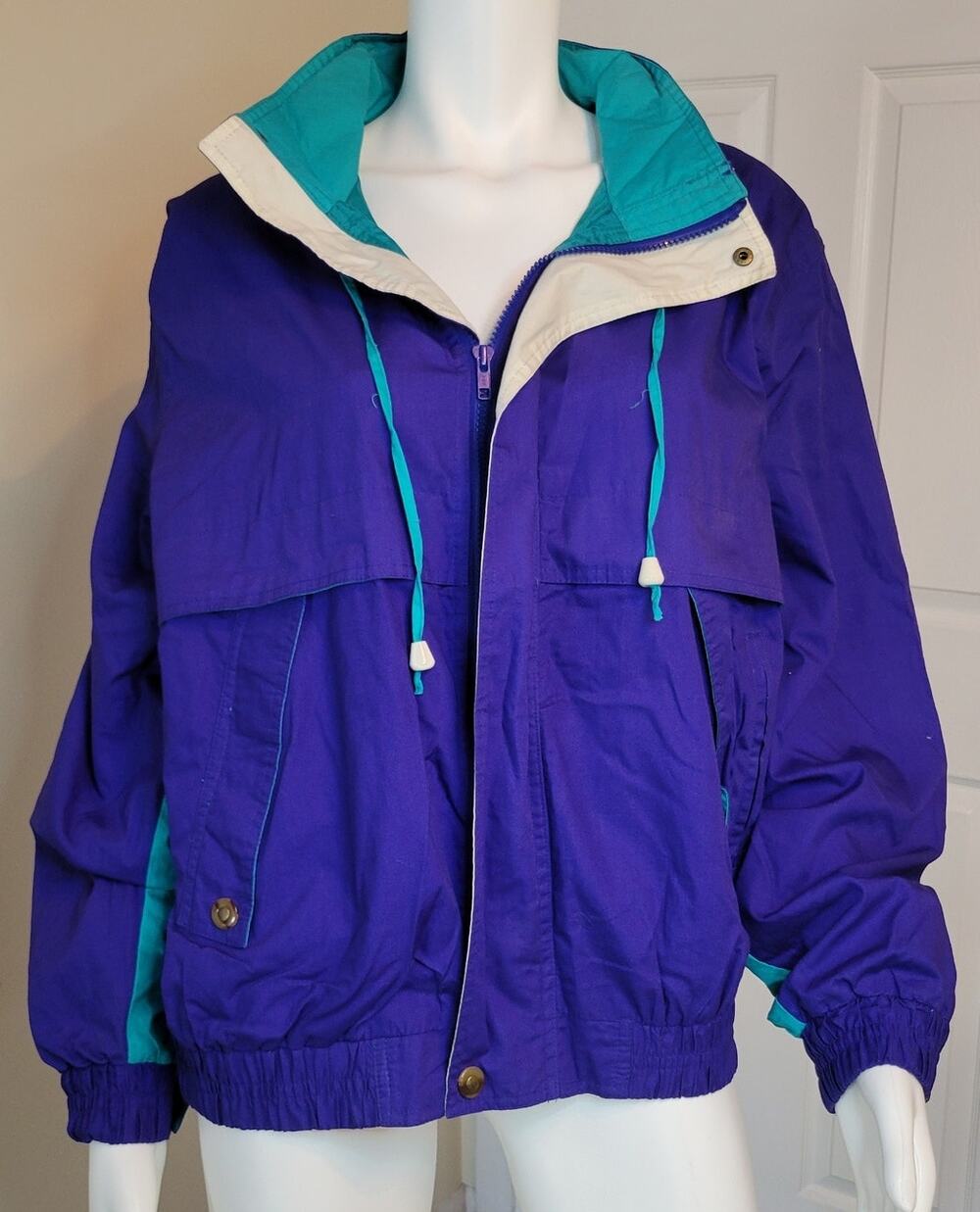 VTG 90s Eagles Ridge Blue Teal Color Block Windbreaker Retractable Hood Size M